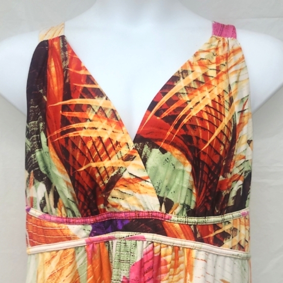 Maxi Dress Tropical Multicolor Sweetheasrt Neckline Empire Waist Stretchy Boho - Picture 1 of 6